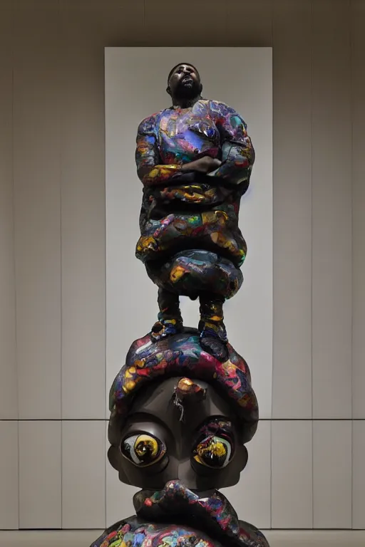 Prompt: a sculpture of kanye west by takashi murakami, photo at an art museum