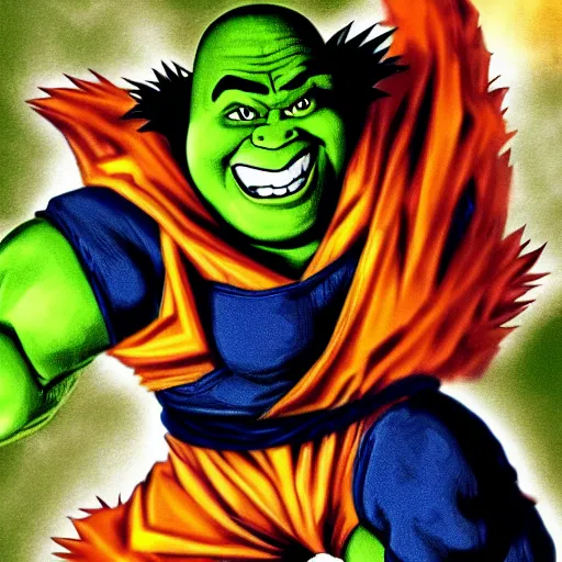 Prompt: Super Saiyan Shrek Fights for the Sake of humanity