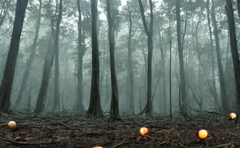 Prompt: dense dead forest with glowing orbs