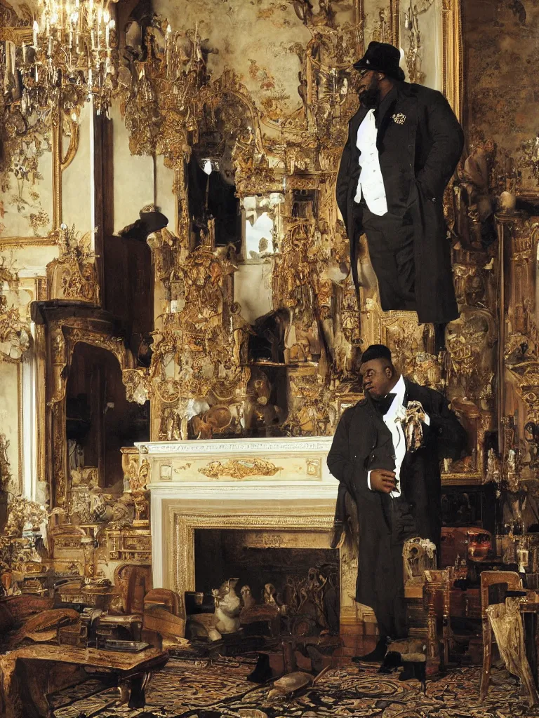 Image similar to one large black man wearing an overcoat and knee-length black boots stands in the living room of a beautiful ornate baroque English mansion, nobody else is present, adebanji alade, lawrence alma-tadema, george goodwin kilburne