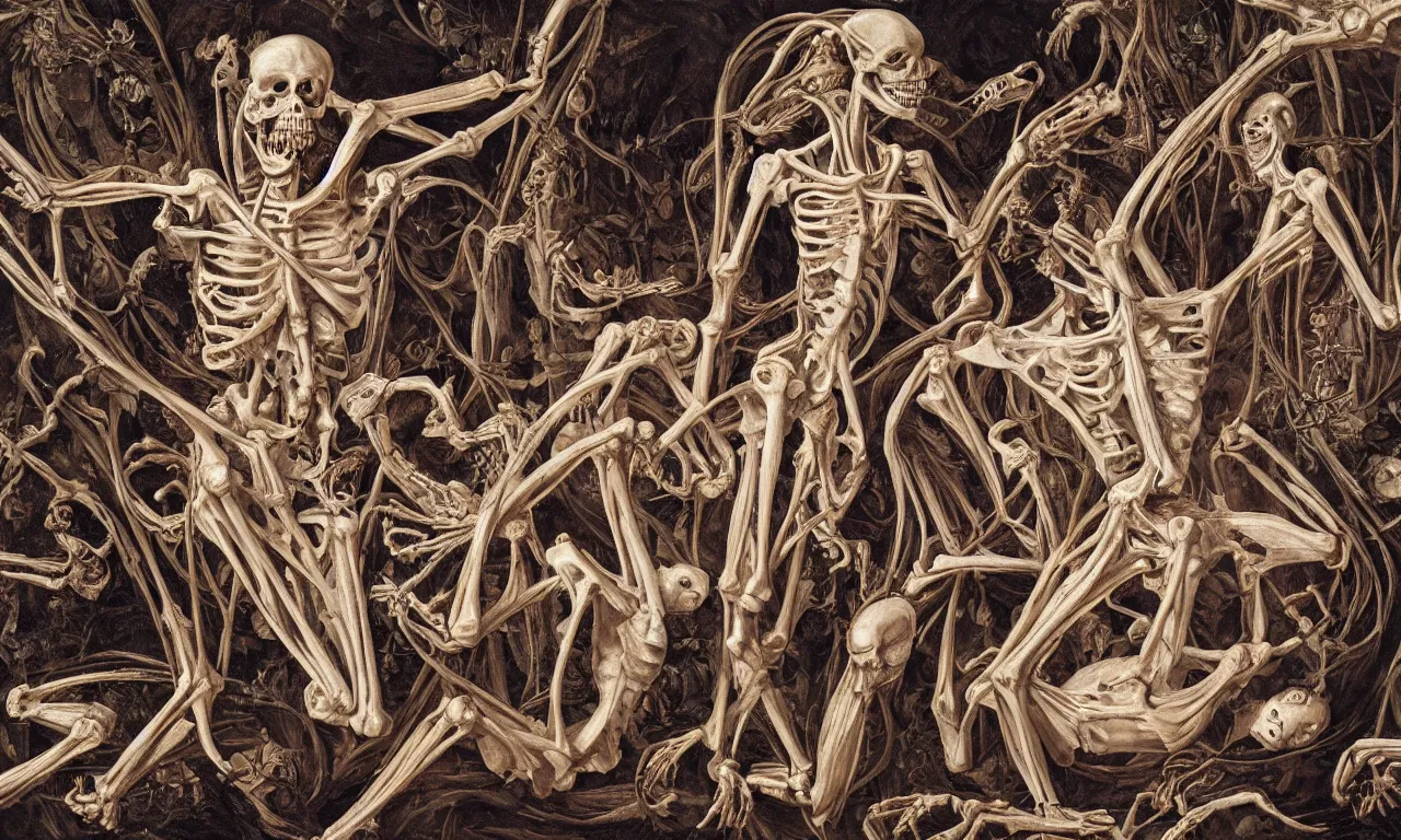 Prompt: intertwined bodies, inside a grand, ornate cathedral, HD Mixed media, highly detailed and intricate, fleshy skeletal, botany, surreal illustration in the style of Caravaggio, baroque dark art