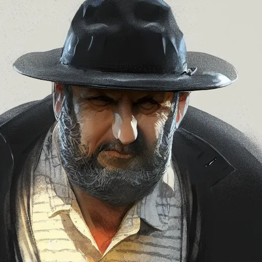 Image similar to portrait of an overweight 55 year old man with short gray hair and a round gray beard, wearing a checkered shirt and a wide brimmed hat, dramatic lighting, illustration by Greg rutkowski, yoji shinkawa, 4k, digital art, concept art, trending on artstation