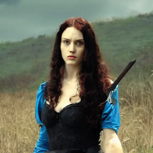 Image similar to Morgana from Merlin (2008) holding an AK47