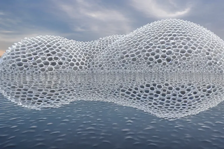 Prompt: a building formed by many white spherical bubbles arranged and combined in space, on the calm lake, people's perspective modern curved architecture, future, award winning, highly detailed 4 k art, dusk, by kazuyo sejima