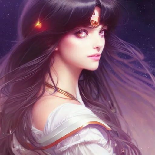 Image similar to a beautiful girl with long dark hair and bangs, sailor moon aesthetic, fantasy, intricate, elegant, highly detailed, digital painting, artstation, concept art, matte, sharp focus, illustration, art by Artgerm and Greg Rutkowski and Alphonse Mucha