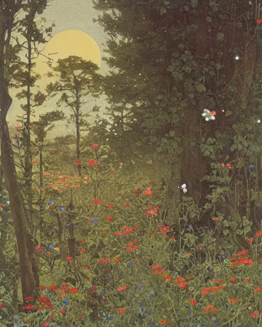 Prompt: a brick house at blue dawn,, 1 9 7 0 s, seventies, delicate embellishments, a little blood, woodland, moonlight shining on wildflowers, painterly, offset printing technique, by alexandre cabanel