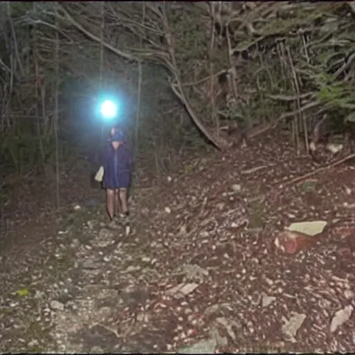 Image similar to stills from night camera footage of missing hikers