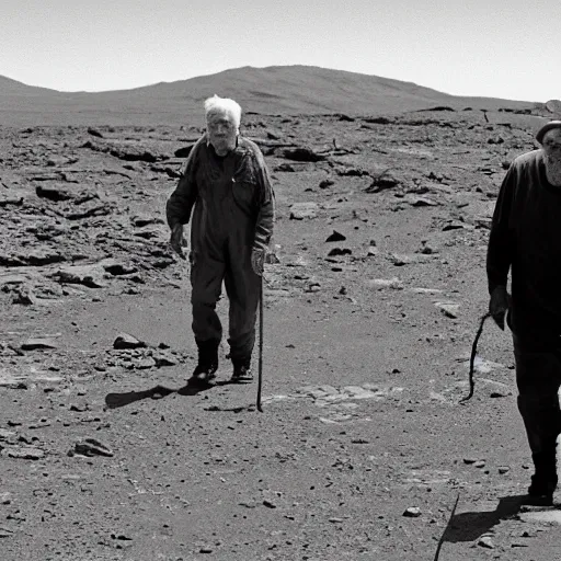 Prompt: decrepit old men wandering around on mars