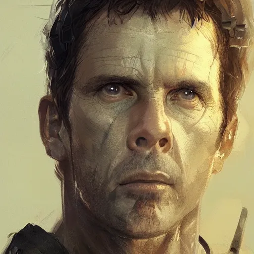 Prompt: portrait of a man by greg rutkowski, he looks like michael biehn, he is wearing a tactical military superhero gear, highly detailed portrait, digital painting, artstation, concept art, smooth, sharp foccus ilustration, artstation hq