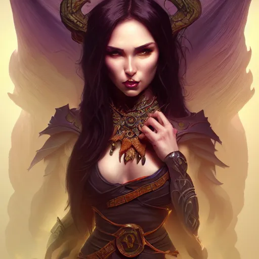 Image similar to demon, female, d & d, fantasy, intricate, elegant, highly detailed, digital painting, artstation, octane render, concept art, matte, sharp focus, illustration, hearthstone, art by artgerm and steve argyle and alphonse mucha