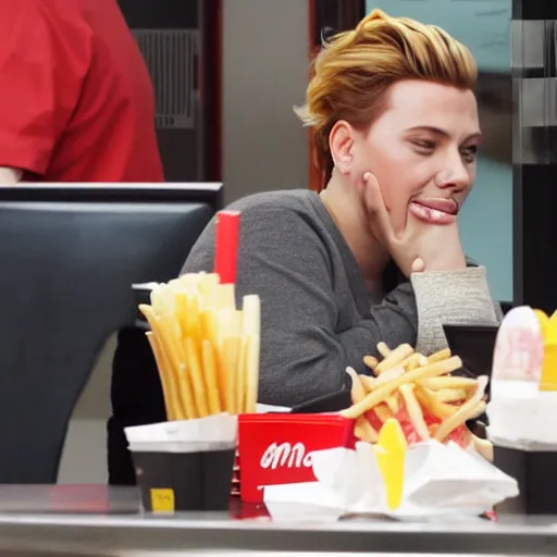 Image similar to fat scarlett johansson sitting in mcdonalds eating a burger, fans cheering