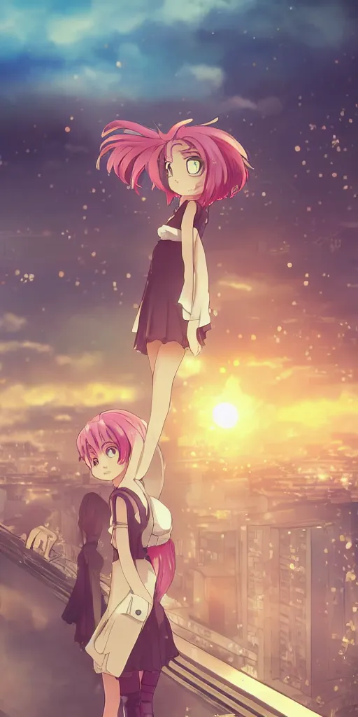 Image similar to anime art, anime key visual of a cute elegant anime girl with pink hair and big eyes on the city rooftop at sunset with clouds, golden hour sunset, background blur bokeh, beautiful lighting, high quality illustration, studio ghibli