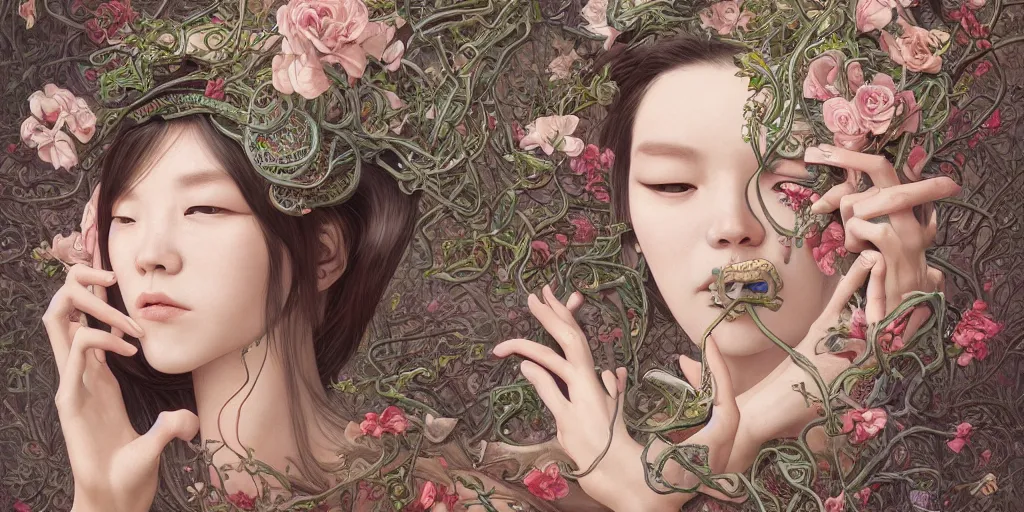 Image similar to breathtaking detailed concept art painting of a woman with snakes crawling in her mouth and eyes flowers, saint, with anxious, piercing eyes, ornate background, amalgamation of leaves and flowers, by Hsiao-Ron Cheng, James jean, Miho Hirano, takato yamamoto, extremely moody lighting, 8K