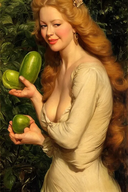 Prompt: Jenna Jameson holding a cucumber in a garden, golden hour, artstation, by J. C. Leyendecker and Peter Paul Rubens,