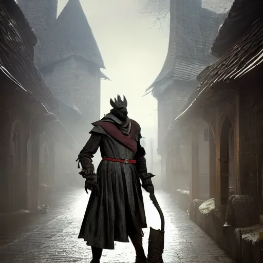 Prompt: A man draped in a ankle-length overcoat with leather gloves and boots wearing a bird-like beak mask in a medieval village by Greg Rutkowski, Bloodborne, 8k photorealistic, volumetric lighting, HD, subtle details, dramatic, trending on artstation