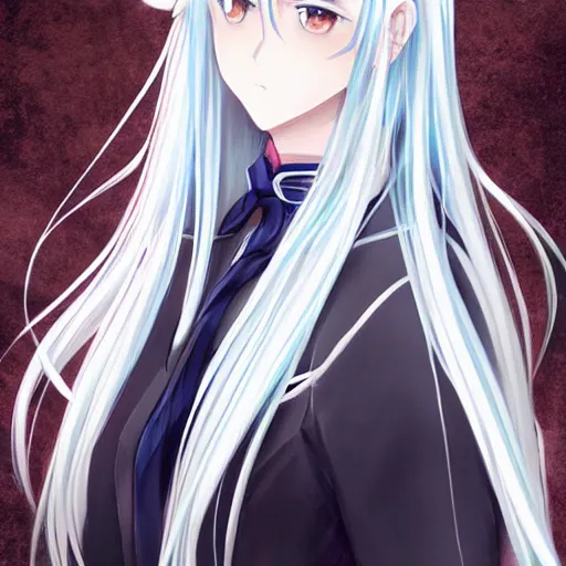 an anime character with long white hair and blue eyes, | Stable Diffusion |  OpenArt