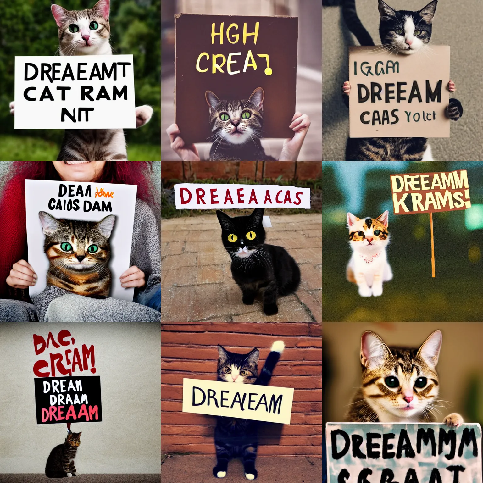 Image similar to realistic high quality photo of a cute cat holding a sign with text that reads : dream cats