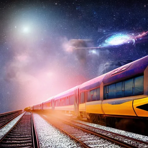 Image similar to inter dimensional sci - fi train far future, travelling across the stars, cosmos, galaxy, 8 k,