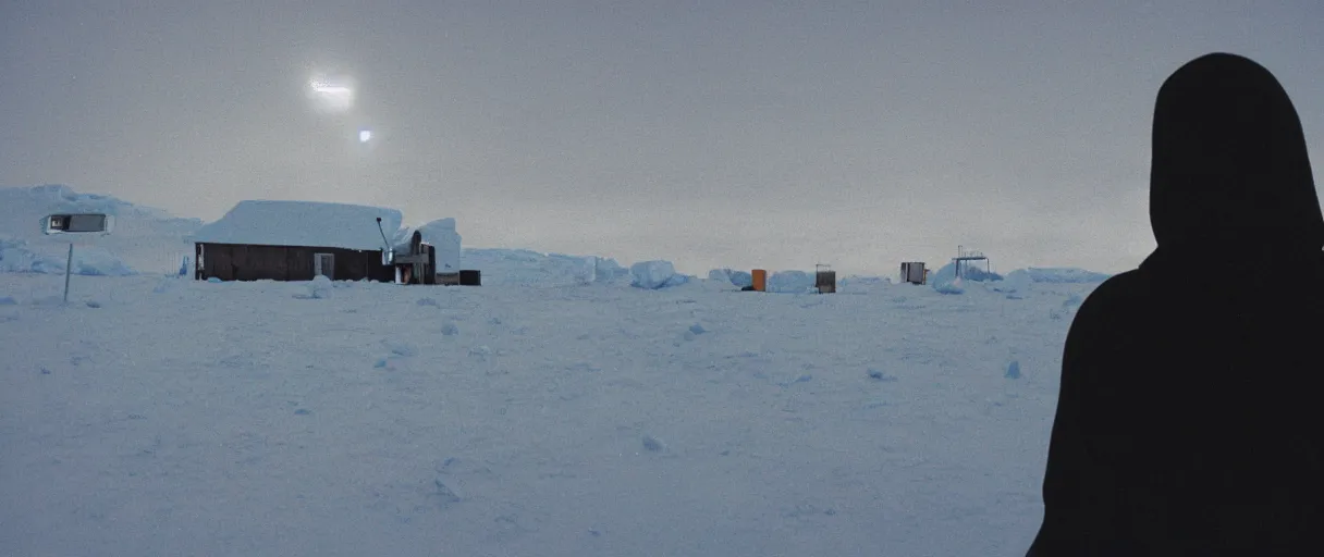 Prompt: a high quality dimly lit color photograph of a 1 9 8 2 crt security monitor showing cctv surveillence camera footage of a man in closeup of a shadowy silhouette bulky figure wearing a hoodie standing near a structure in antarctica at night