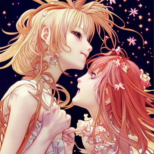 Image similar to two beautiful girls watching fireworks, digital art, by range murata, akiyuki shinbou, alphonse mucha, masamune shirow, josan gonzales, highly detailed, realistic, cinematic