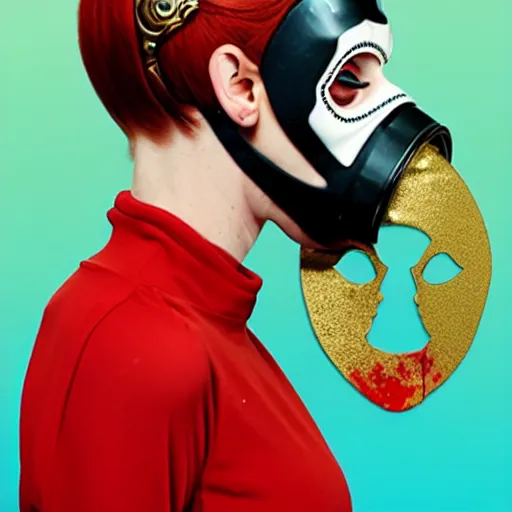 Prompt: portrait of red head woman with a diver mask :: side profile :: in ocean :: guns and bullets :: metallic clockwork details :: gold and petals pattern :: blood and horror :: by marvel and Sandra Chevrier