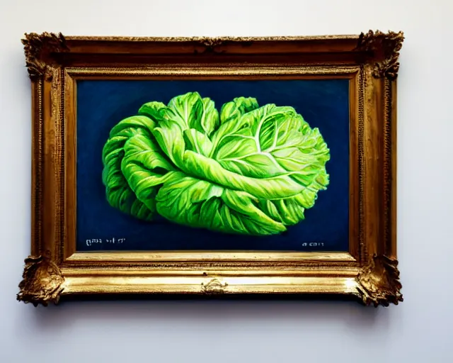 Image similar to a magritte painting of a head of lettuce