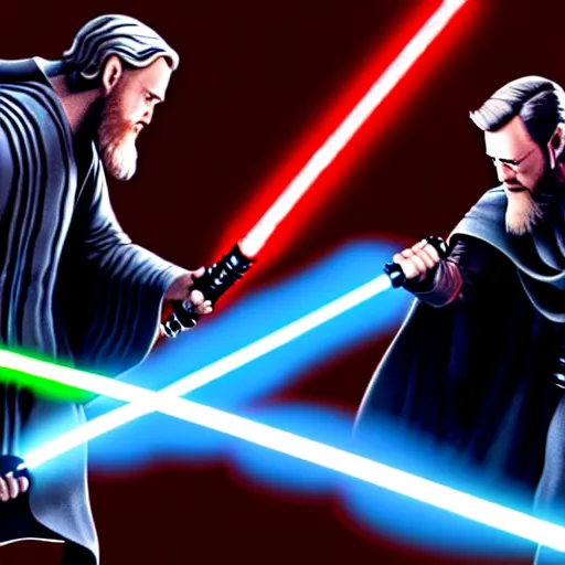 Prompt: ultra detailed picture of a fight between darth vador and obi wan kenobi where they each have only one lightsaber in their hand, unreal engine, extremely detailed, epic, dark, highly realistic, beautiful, ultra hd, extremely realistic faces