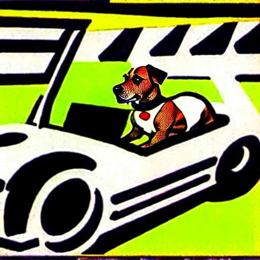 Prompt: dog driving a car by jack kirby, new gods comic book cover