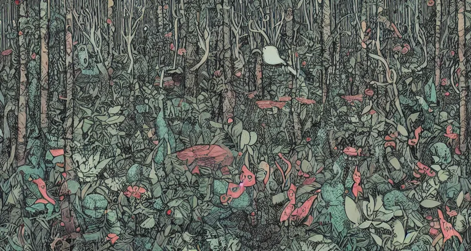 Image similar to A dense and dark enchanted forest with a swamp, by James Jean