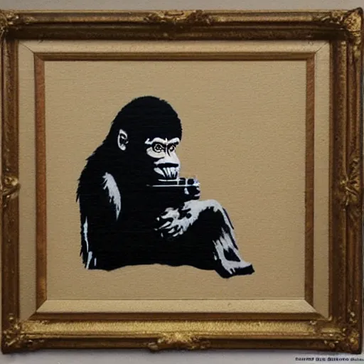 Prompt: ape painting a picture made by banksy