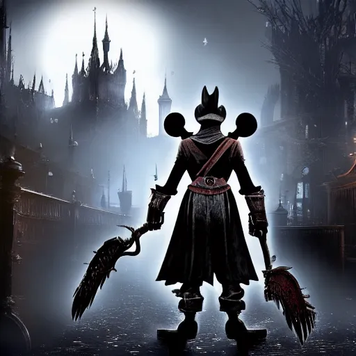 Prompt: ultrawide photo of mickey mouse in bloodborne, bloodborne concept art, 8 k