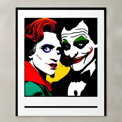 Image similar to ilya yefimovich repin and mimmo rottela and banksy as joaquin phoenix skinny joker, holding hand, lady gaga harley queen, ultra photorealistic, intricate details, pop art style, concept art, confident posse, justify content center, 2 colours, warm color, 4 k, ultra smooth, sharp focus