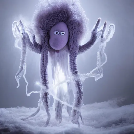 Image similar to a peaceful fluffy humanoid ethereal ghostly live action muppet wraith like alien figure with a squid shaped parasite overtaking its head with four long tentacles for arms that flow gracefully at its sides while it floats around the frozen woods searching for lost souls and that hide in the shadows in the trees, this character can control the ice and snow and has mastery of the shadows and electrokinesis, it is a real muppet by sesame street, photo realistic, real, realistic, felt, stopmotion, photography, sesame street