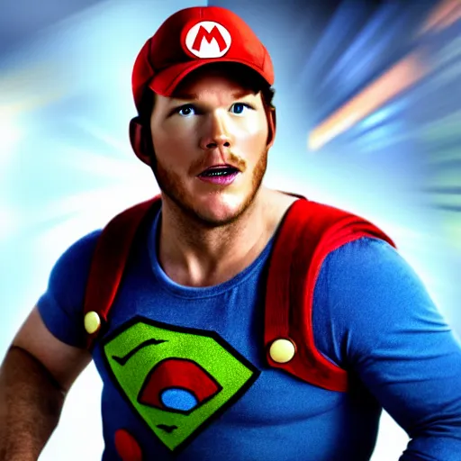 Image similar to Chris Pratt dressed as Super Mario, HD photograph, cinematic lighting