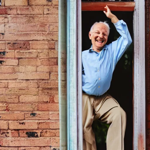 Image similar to a smiling old man dancing through a window