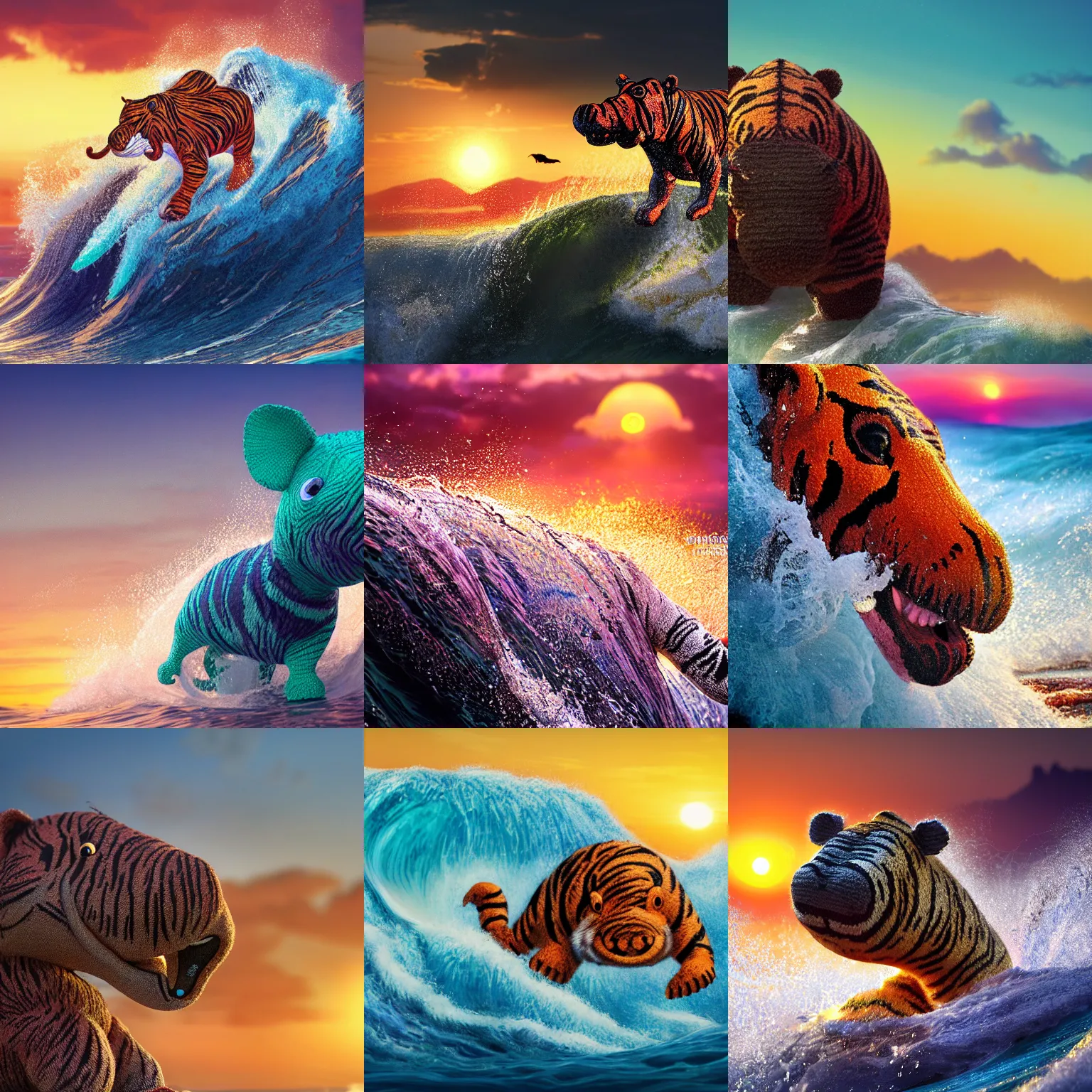 Prompt: a closeup photorealistic photograph of a knitted cute tiger hippopotamus riding a large wave at sunset. surf in the background. professional capture. brightly lit scene. this 4 k hd image is trending on artstation, featured on behance, well - rendered, extra crisp, features intricate detail, epic composition and the style of unreal engine.