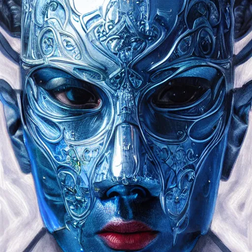 Prompt: Very very very very highly detailed epic central composition portrait of face with venetian mask, blue, intricate, dystopian, sci-fi, extremely detailed, digital painting, artstation, concept art, smooth, sharp focus, illustration, intimidating lighting, incredible art by Tokujin Yoshioka and Anton Pieck