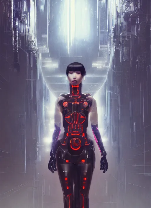 Prompt: portrait of a futuristic geisha cyborg, matte painting, cinematic lighting, unreal engine, in the style of ghost in the shell, kintsugi, modern fine art, fractal, intricate, elegant, highly detailed, digital photography, subsurface scattering, by jheronimus bosch and greg rutkowski,