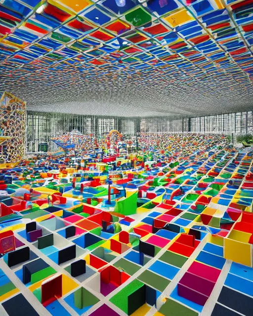 Prompt: a most wondrous, stimulating geometric children's play park, Utrecht, by Andreas Gursky, architectural photography for Architecture Magazine