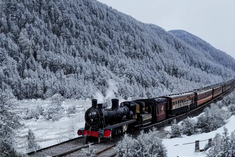 Prompt: a steam train travels through a mountainous snowy landscape