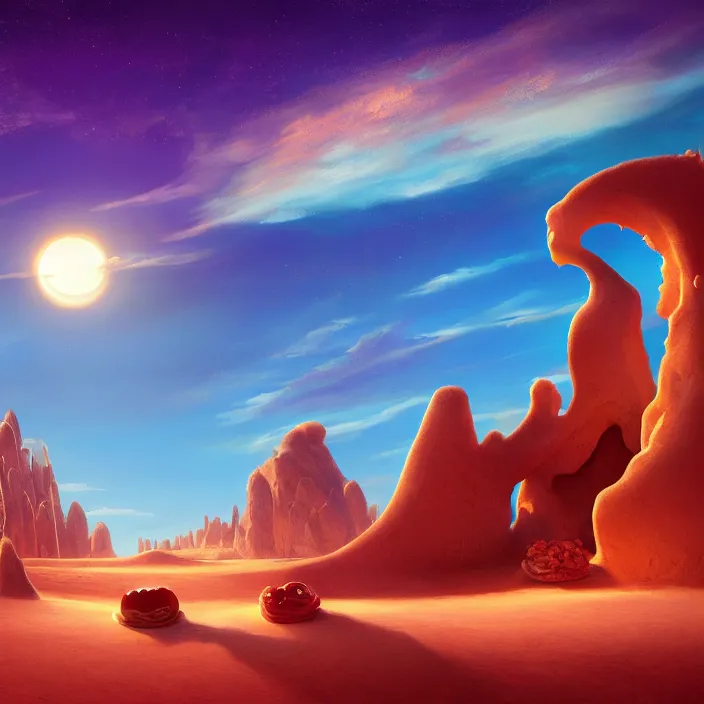 Image similar to desert made from icecream and candies, caramel colorful sun, luminescent sky, handsome, intricate, detailed, volumetric lighting, scenery, digital painting, highly detailed, artstation, sharp focus, illustration, 8 k, hyper realistic, magic world, cartoon