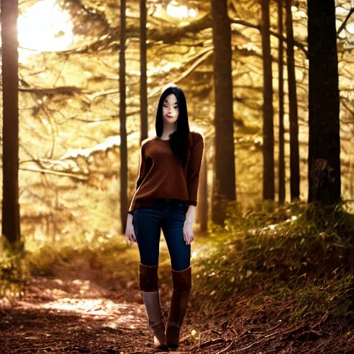Prompt: real life photo of a beautiful girl, full body photoshoot, long black hair, brown eyes, full round face, short smile, brown sweater, forest setting, cinematic lightning, medium shot, mid - shot, highly detailed, trending on artstation, unreal engine 4 k, 8 0 mm, 8 5 mm, cinematic wallpaper