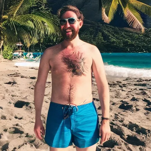 Image similar to instagram vacation photo of dumbledore in swim trunks at hawaii