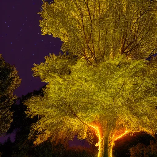 Image similar to a tree but all the leaves are fireflies, nighttime, luminescent, epic, 4 k