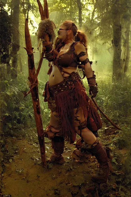 Prompt: a sturdy female dwarf with a plaited beard, dressed in oiled leather armor for camouflage through the forests. she wears a large crude axe and several satchels bulging with herbs and poultices portrait dnd, painting by gaston bussiere, craig mullins, greg rutkowski, yoji shinkawa
