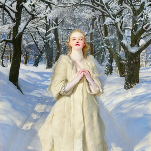 Prompt: Elle Fanning in the snow, by J. C. Leyendecker and Peter Paul Rubens, Extremely detailed. 8K. Award winning.