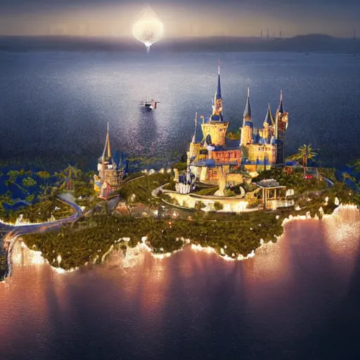 Prompt: the disney castle surrounded by giant palm trees on a giant floating island in the sky at night, a huge light bulb illuminates the island from above, cinematic, digital art by erik johansson, 8 k resolution, hyper detailed, sharp focus, unreal engine 5