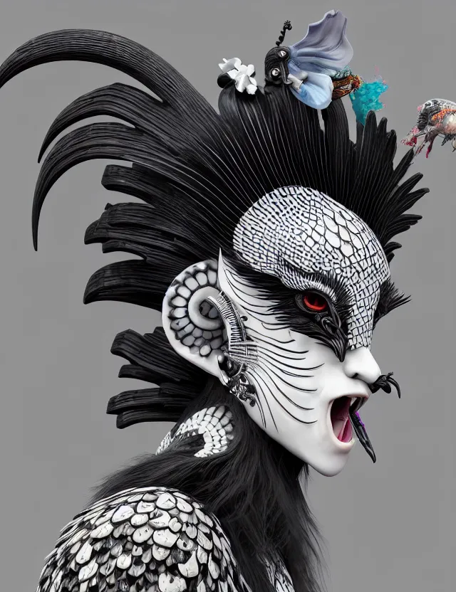 Image similar to 3 d goddess close - up profile portrait punk with mohawk with ram skull. beautiful intricately detailed japanese crow kitsune mask and clasical japanese kimono. betta fish, jellyfish phoenix, bio luminescent, plasma, ice, water, wind, creature, artwork by tooth wu and wlop and beeple and greg rutkowski