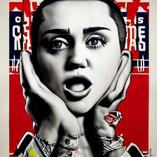 Image similar to propaganda poster, miley cyrus, close up, portrait, shouting