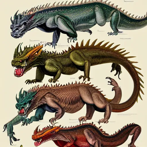Image similar to scientific illistration of a species of dragon showing an examples of a males and female of each the species, biological illustrations, art by john james audubon robert stebbins and terryl whitlatch and david sibley and charles darwin, highly detailed, intricately detailed, 8 k, trending on artstation